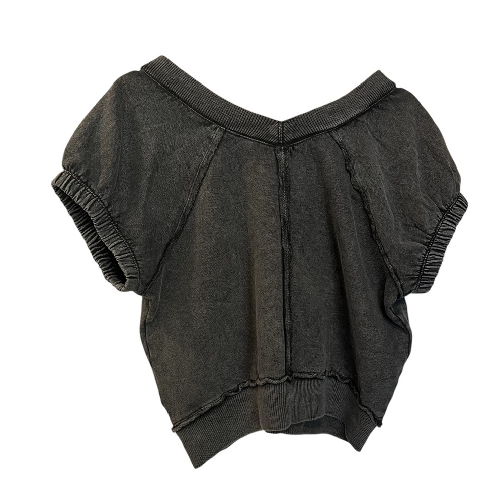 Anthropologie Pilcro Short Sleeve Sweatshirt Sz S Gray Black Ribbed Raw Seams